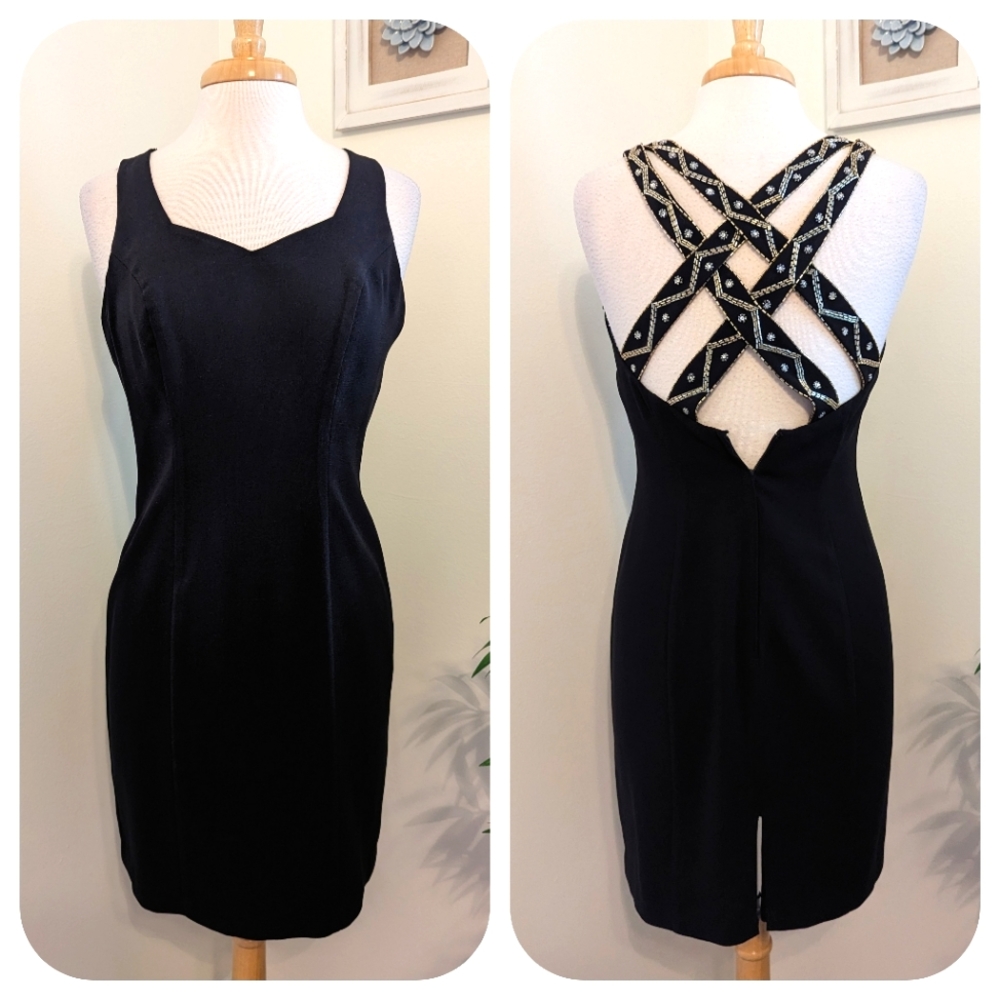 CDC Evening Vintage Beaded Open Back Sheath Dress Black Size 8